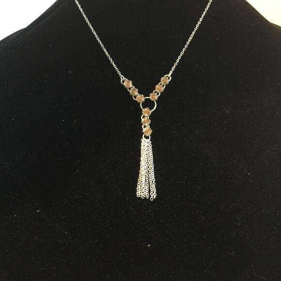Avon Jewelry - Vintage Avon Saq Silver tone Necklace With Chain Tassel And Amber Colored Stones